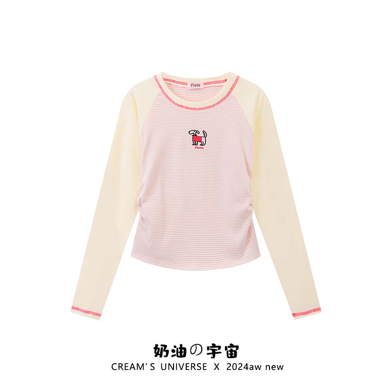 日系刺绣小狗插肩条纹长袖T恤女