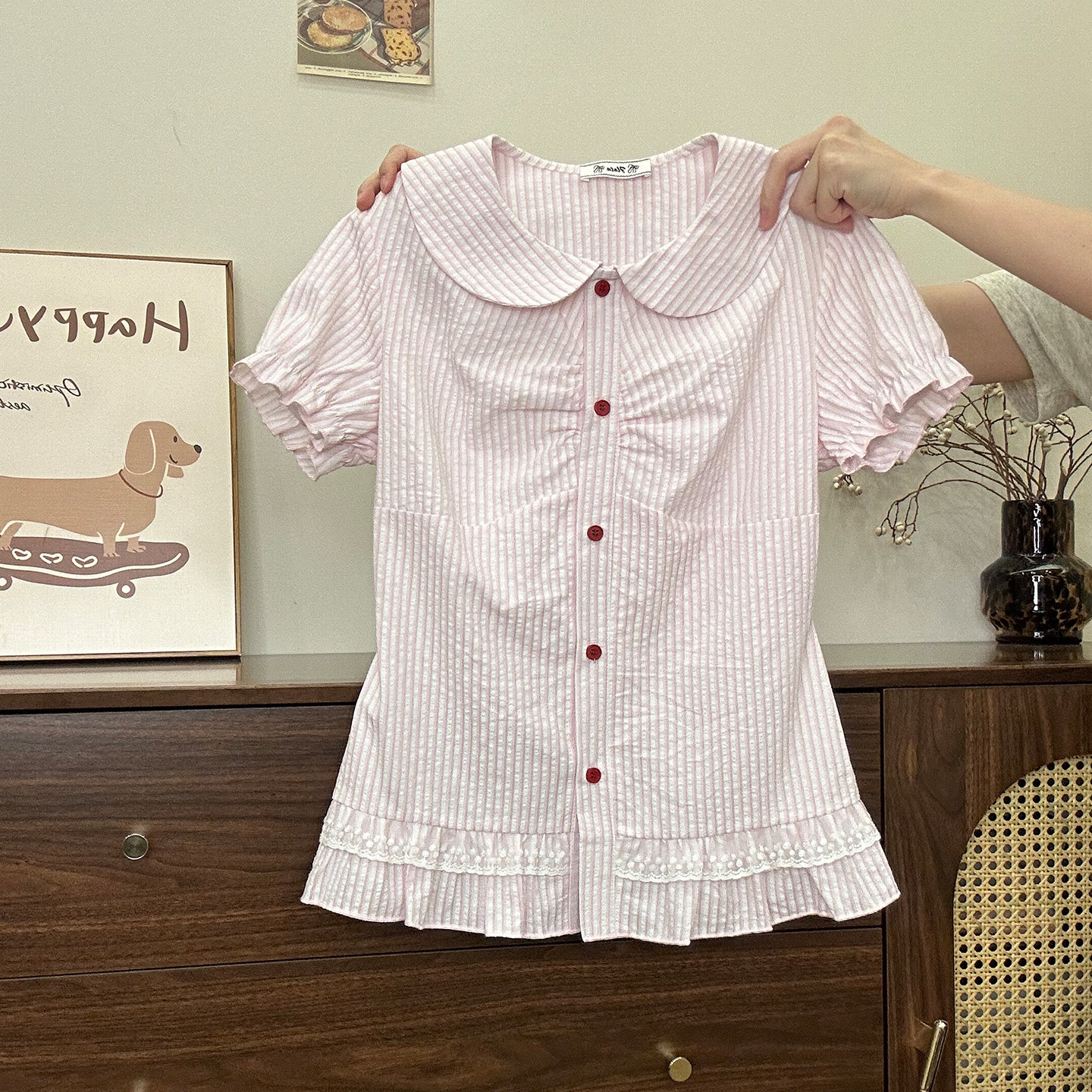 奶油的宇宙 粉色条纹蕾丝花边娃娃领衬衫短袖女甜妹风泡泡袖上衣