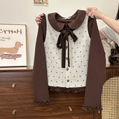 蝴蝶结木耳边娃娃领内搭长袖 奶油 宇宙 女美拉德叠穿马甲两件套