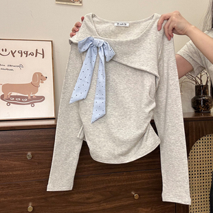 奶油的宇宙 波点蝴蝶结磨毛加绒内搭长袖女温柔气质收腰打底上衣