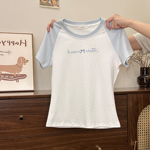 短款 奶油 T恤女甜美小清新风修身 蓝色波点字母插肩短袖 上衣 宇宙