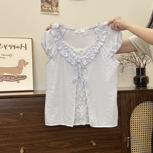 捏褶花边假两件V领小飞袖衬衫女