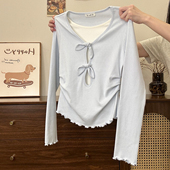 兔耳朵木耳边拼接假两件内搭长袖 奶油 宇宙 T恤女收腰早秋上衣