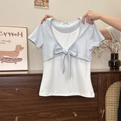 奶油 正肩短上衣 T恤女设计感修身 宇宙 绑带蝴蝶结撞色假两件短袖