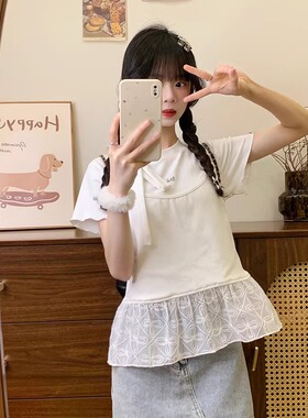 奶油的宇宙 绑带蝴蝶结蕾丝边白色正肩短袖T恤女气质风假两件上衣
