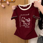 绑带蝴蝶结小狗拼色正肩短袖 奶油 宇宙 T恤女学院风不露腰短上衣