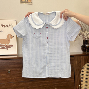 女甜美小个子修身 奶油 短袖 蕾丝娃娃领蓝色格纹衬衫 短上衣 宇宙