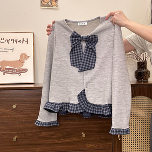 长袖 格纹蝴蝶结荷叶边针织开衫 女韩系学院风内搭上衣 宇宙 奶油