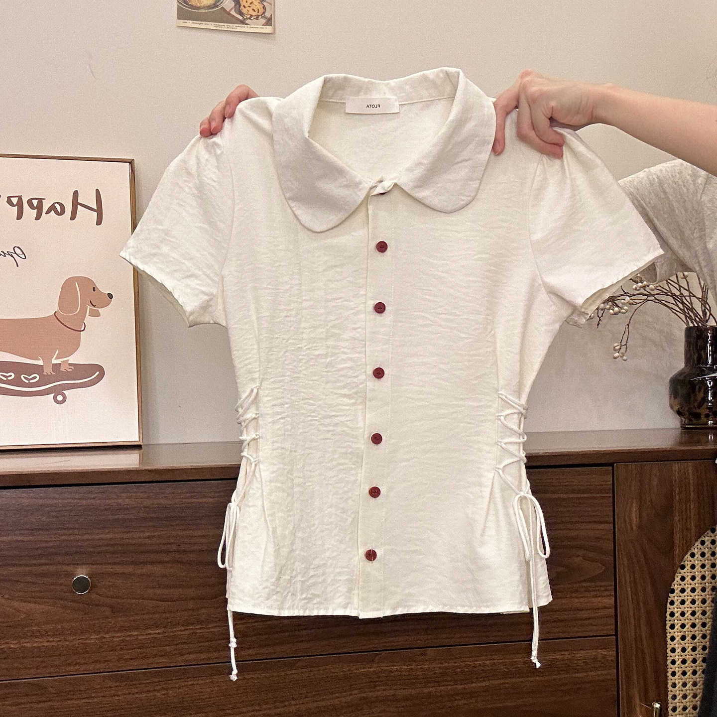 奶油的宇宙 绑带收腰娃娃领衬衫短袖女甜美少女显瘦正肩短款上衣