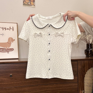 短款 奶油 T恤女甜美bm风修身 波点蝴蝶结娃娃领正肩短袖 上衣 宇宙
