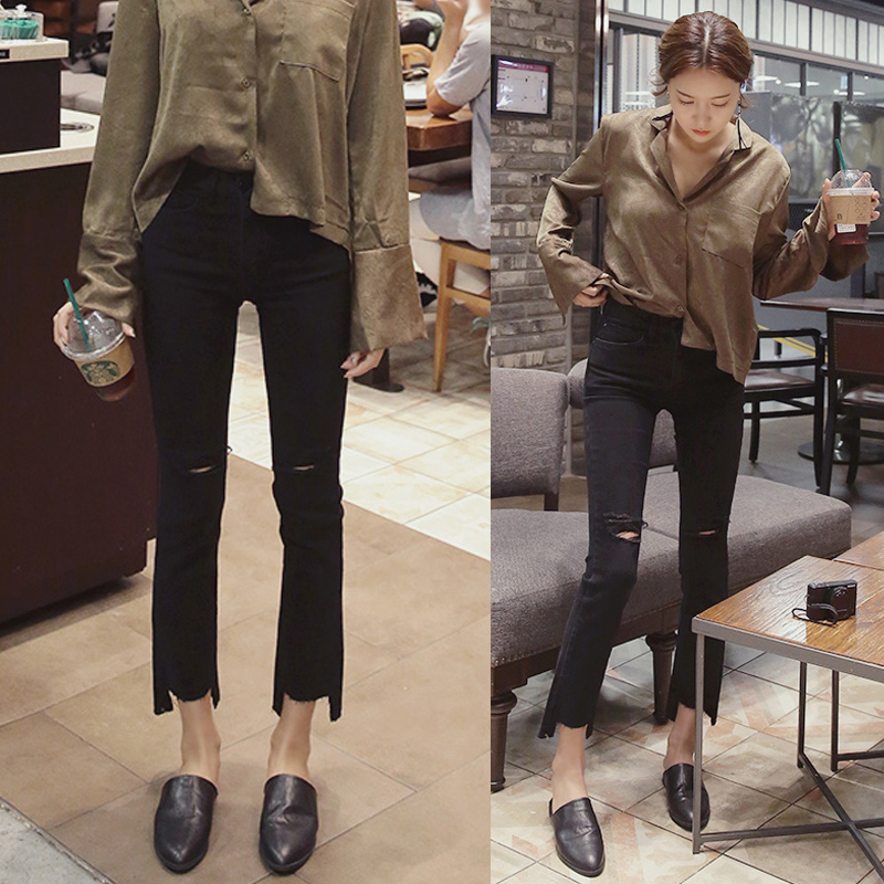 ulzzang 微喇叭破洞牛仔裤女八分夏薄款黑色港味网红同款裤子九分在类目 女装/女士精品, 牛仔裤中 - 来自Buy2taobao.com提供专业的淘宝代购服务