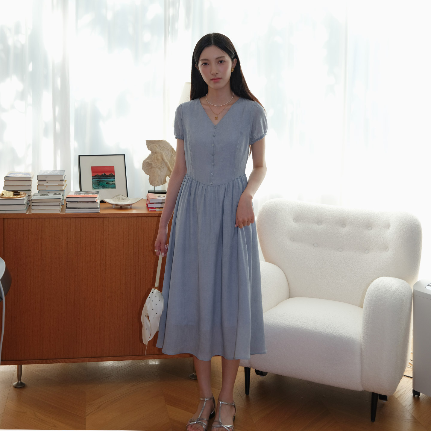 然若 墨染莱赛尔 法式V领短袖连衣裙女夏季2025新款古典高腰长裙