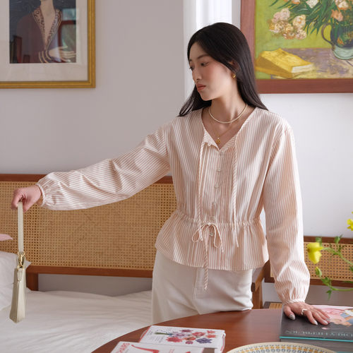 然若 色织提花 条纹短款衬衫女款2026新款春装法式上衣独特小衫