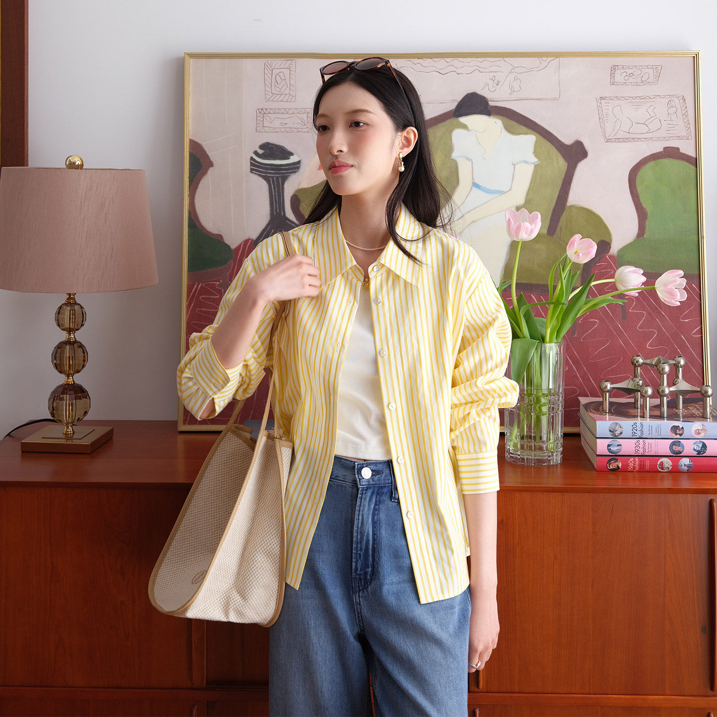 然若 莱赛尔暗纹提花 黄色条纹衬衫女款2026新款春装衬衣法式上衣