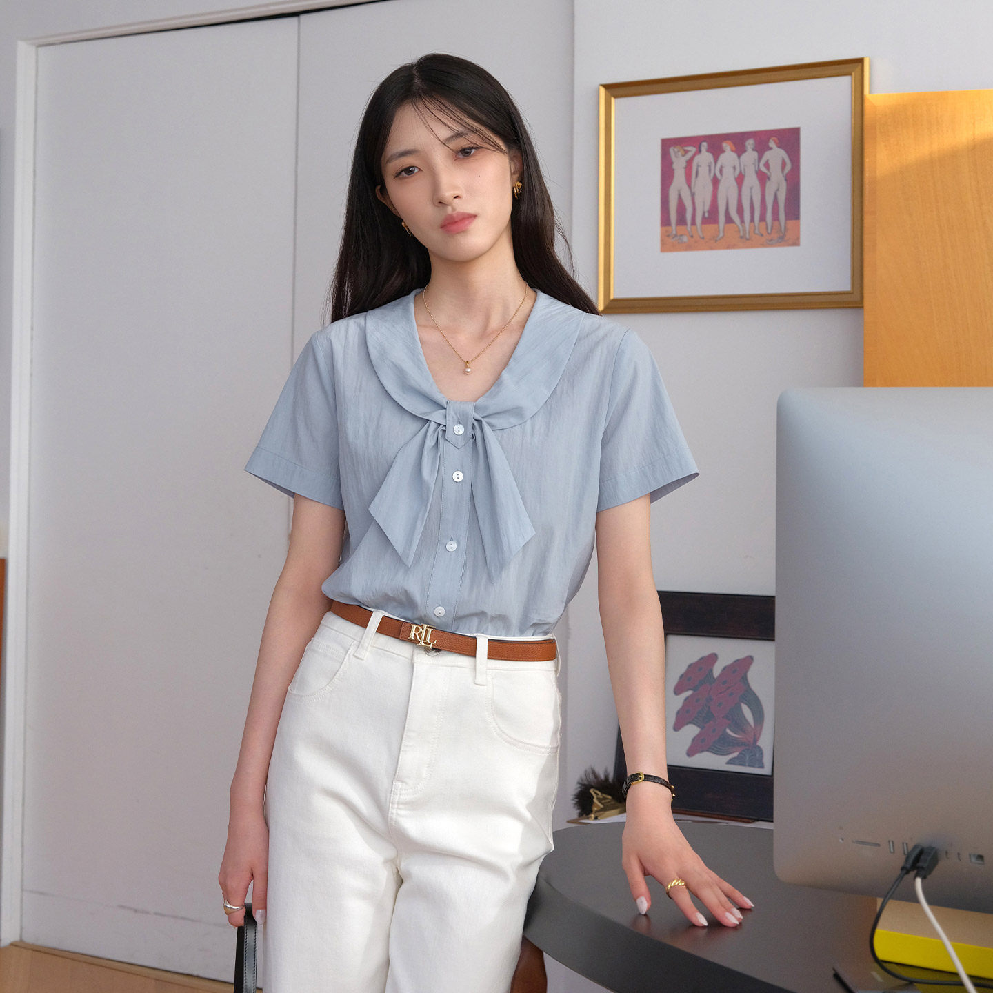 然若 皱感肌理 蓝色绑带海军领短袖衬衫女2026新款法式上衣小衫