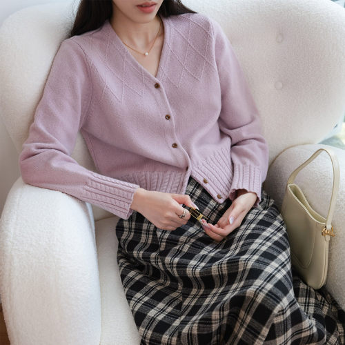 然若 美利奴羊毛 法式复古V领针织开衫女款2025新款冬季内搭毛衣