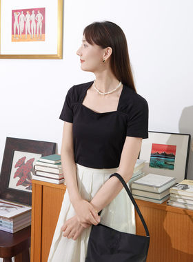 然若 黑色天鹅颈短袖T恤女2026新款夏季法式气质优雅独特漂亮上衣