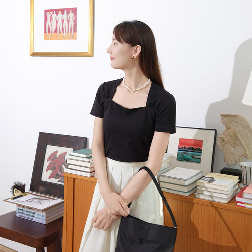 然若 黑色天鹅颈短袖T恤女2026新款夏季法式气质优雅独特漂亮上衣
