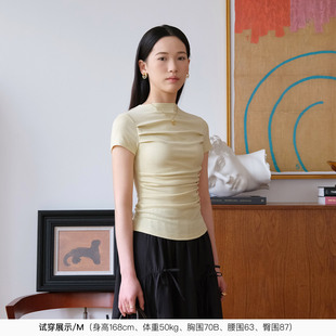 新款 T恤女夏季 小个子甜酷辣妹t 小一字领褶裥收腰显高短袖 然若