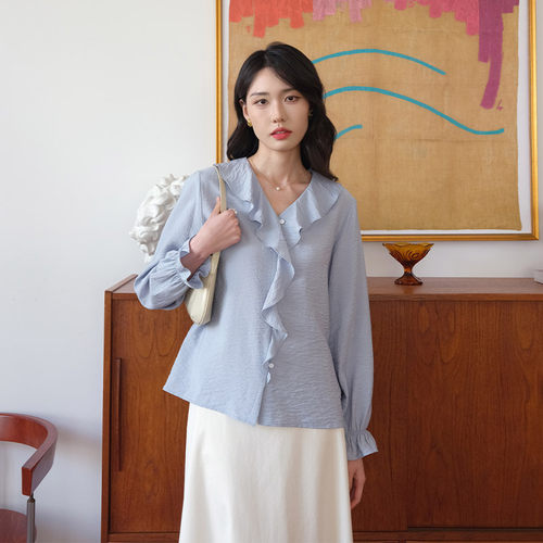 然若 立裁花边领 蓝色桑蚕丝V领衬衫女2025新款法式浪漫气质上衣