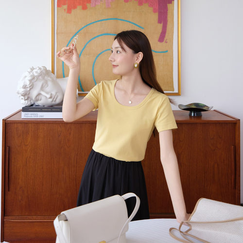 然若 纯棉圆领短袖T恤女2026新款夏季穿搭修身显瘦复古气质上衣