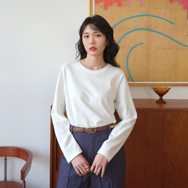 然若 绒感双纱柔棉 白色纯棉打底衫女士2025新款外穿长袖内搭上衣