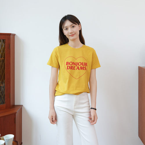 然若 法式心形字母印花正肩短袖T恤女2026新款夏装美式内搭上衣