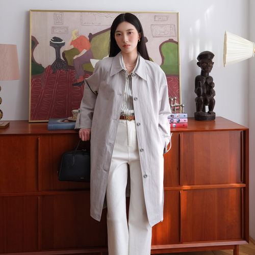 然若 长绒棉 烟灰色中长款风衣外套女款2026新款女装早春季大衣