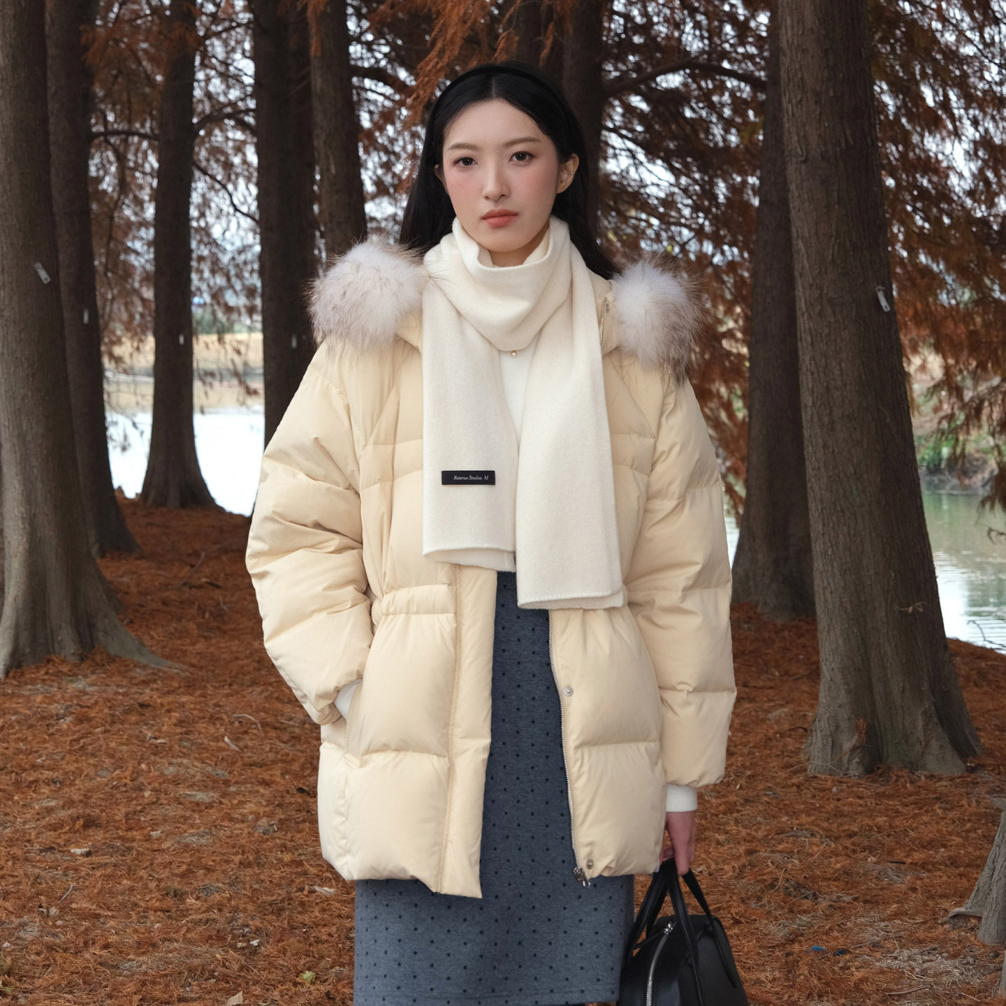 然若 可拆貉子毛 黄色连帽中长款羽绒服女款2025新款冬季外套