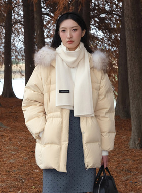 然若 可拆貉子毛 黄色连帽中长款羽绒服女款2025新款冬季外套