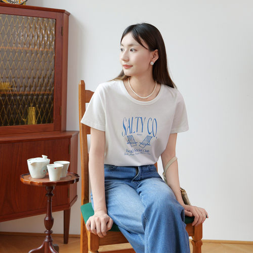 然若 法式白色印花T恤女2026新款正肩短袖上衣超好看独特漂亮上衣