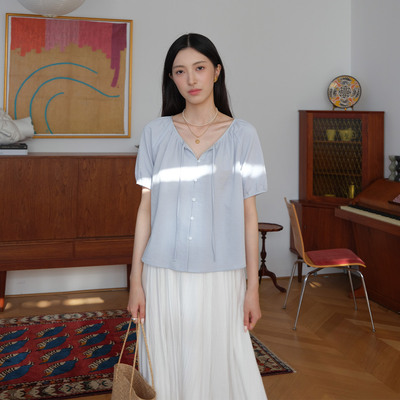 然若 法式短袖宽松娃娃衫衬衫女夏季2026新款巨好看小衫棉麻上衣