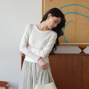 打底衫 抽褶修身 女上衣2025新款 长袖 然若 T恤内搭小衫 高弹莱赛尔