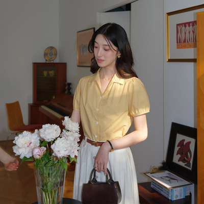 然若 法式翻领短袖衬衫女夏季2026新款气质女士上衣浪漫格子小衫