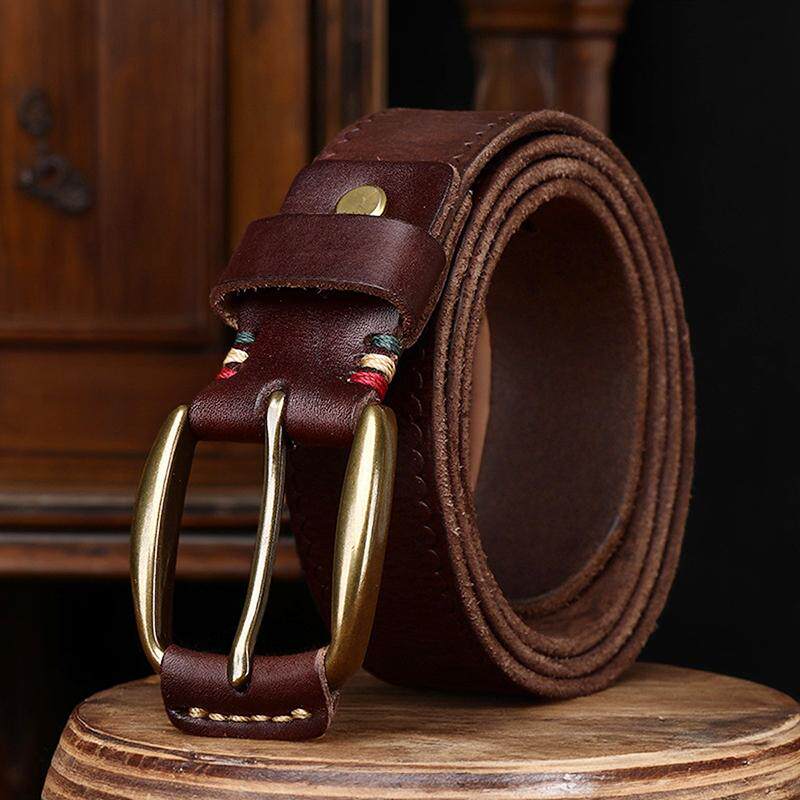复古时尚潮流百搭铜扣真皮皮带男头层牛皮做旧褶皱牛仔裤腰带男款