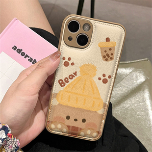可爱奶茶小熊狗狗适用苹果15promax手机壳皮纹iphone16新款12卡通11女款14plus气垫13pro全包xsmax/xr保护套