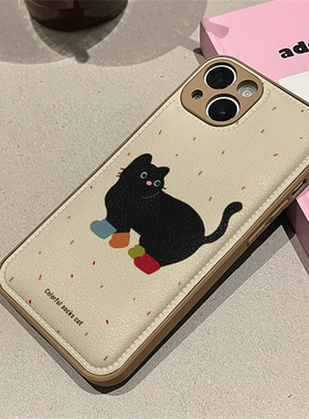 ins小众可爱泼墨猫咪适用苹果15promax手机壳皮纹iphone16新款12全包17日韩14plus气垫13pro防摔xsmax保护套