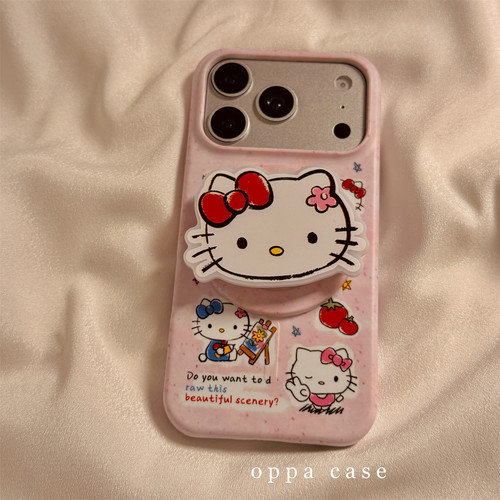 粉色泼墨可爱卡通图案适用苹果18promax手机壳iphone17pro新款15pro磁吸17支架16promax菲林16pro防摔保护套