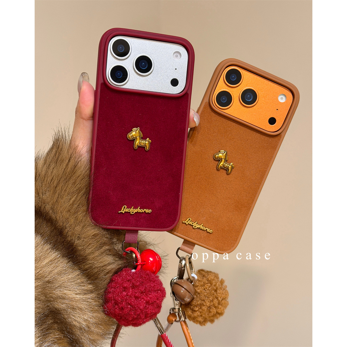 新年酒红棕色绒布立体小金马适用苹果17promax手机壳iphone16新款15pro男女款14全包13防摔保护套挂绳,3C数码配件,手机保护套/壳,淘宝优惠券,粉丝福利购,淘宝优惠卷