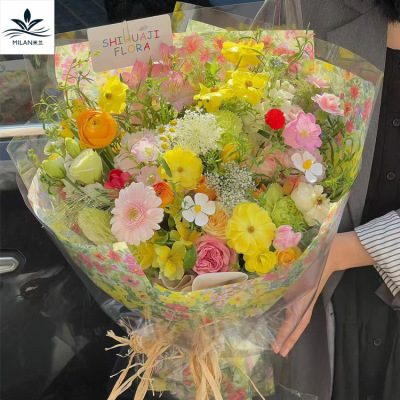 油菜花雪梨纸花束油画风包装