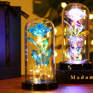 金箔永生花礼盒玻璃罩仿真玫瑰LED灯圣诞节生日礼物装饰摆件