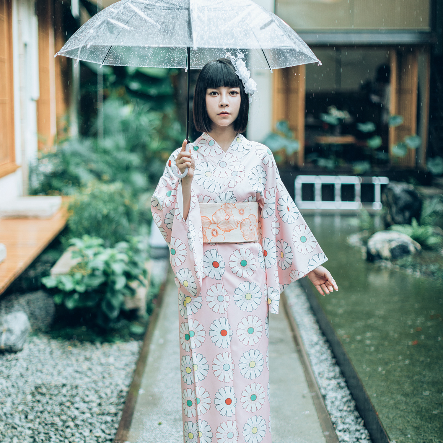 2021年日本改良夏季和服可爱少女清新淡雅文艺嫩粉雏菊四件套浴衣