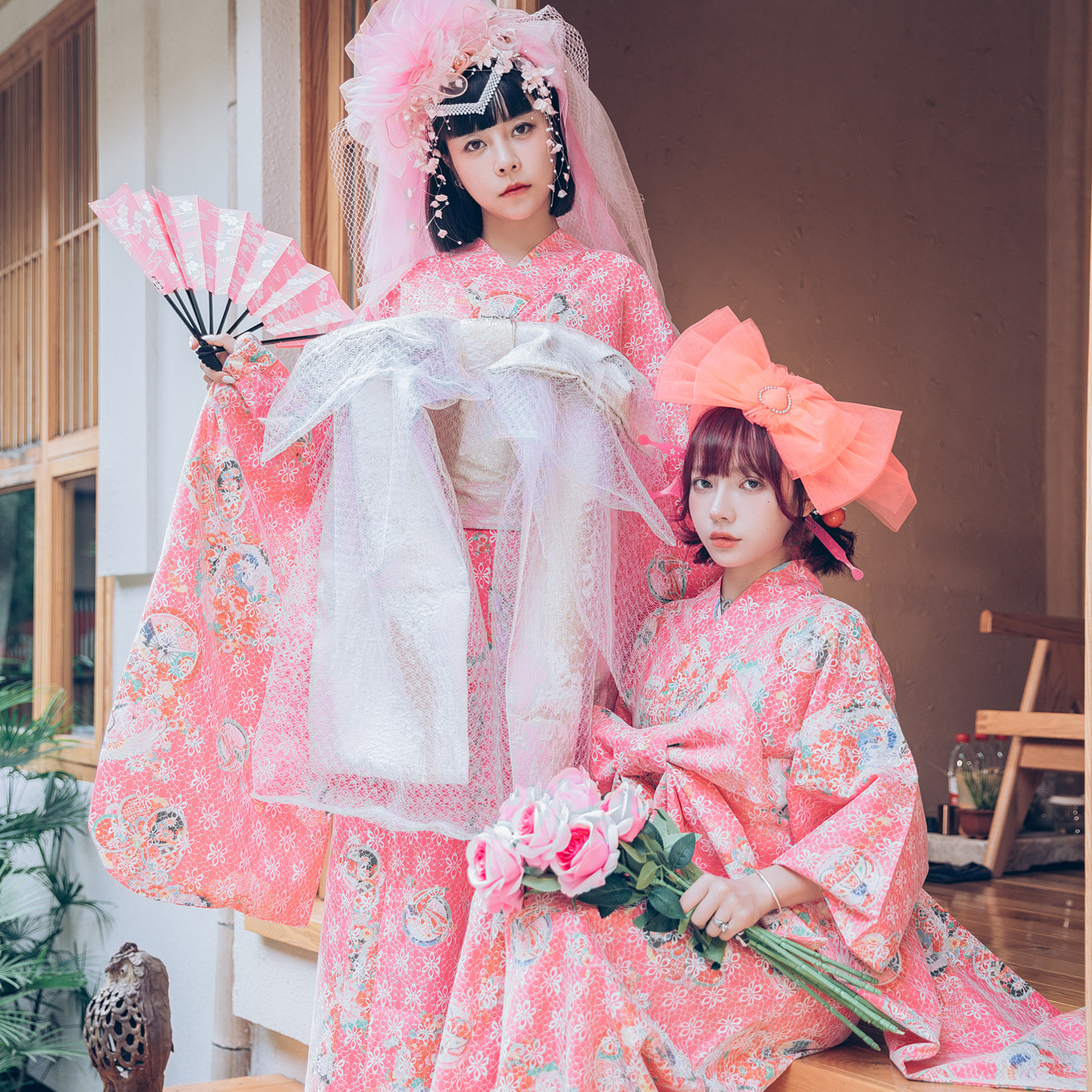 2021年日本滨崎步演出服艺伎粉色仙鹤蕾丝纹改良花魁振袖浴衣和服