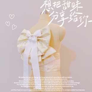 日本振袖 和服浴衣女士昭和风分体定型太鼓结淡黄色蝴蝶结腰带