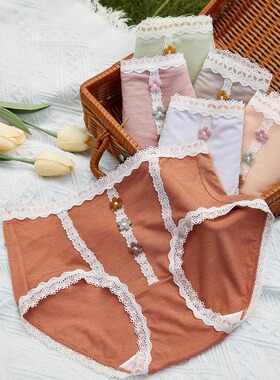 秘语纯棉内裤新品简约少女碎花蕾丝边舒适女士内裤中腰不夹p61951