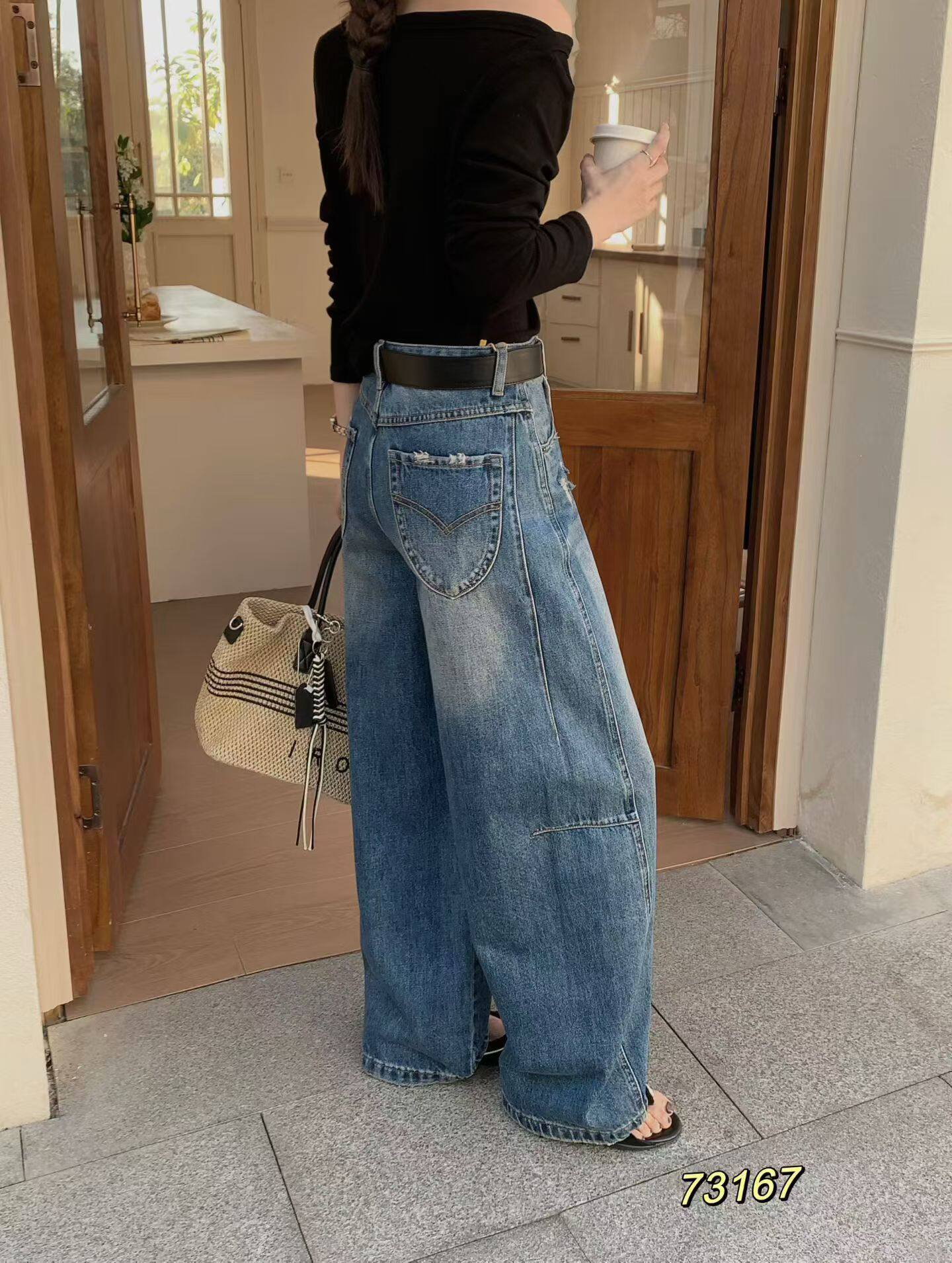 2026春款JEANS73167牛仔裤女宽松直筒弯刀裤破洞压线遮胯拖地裤