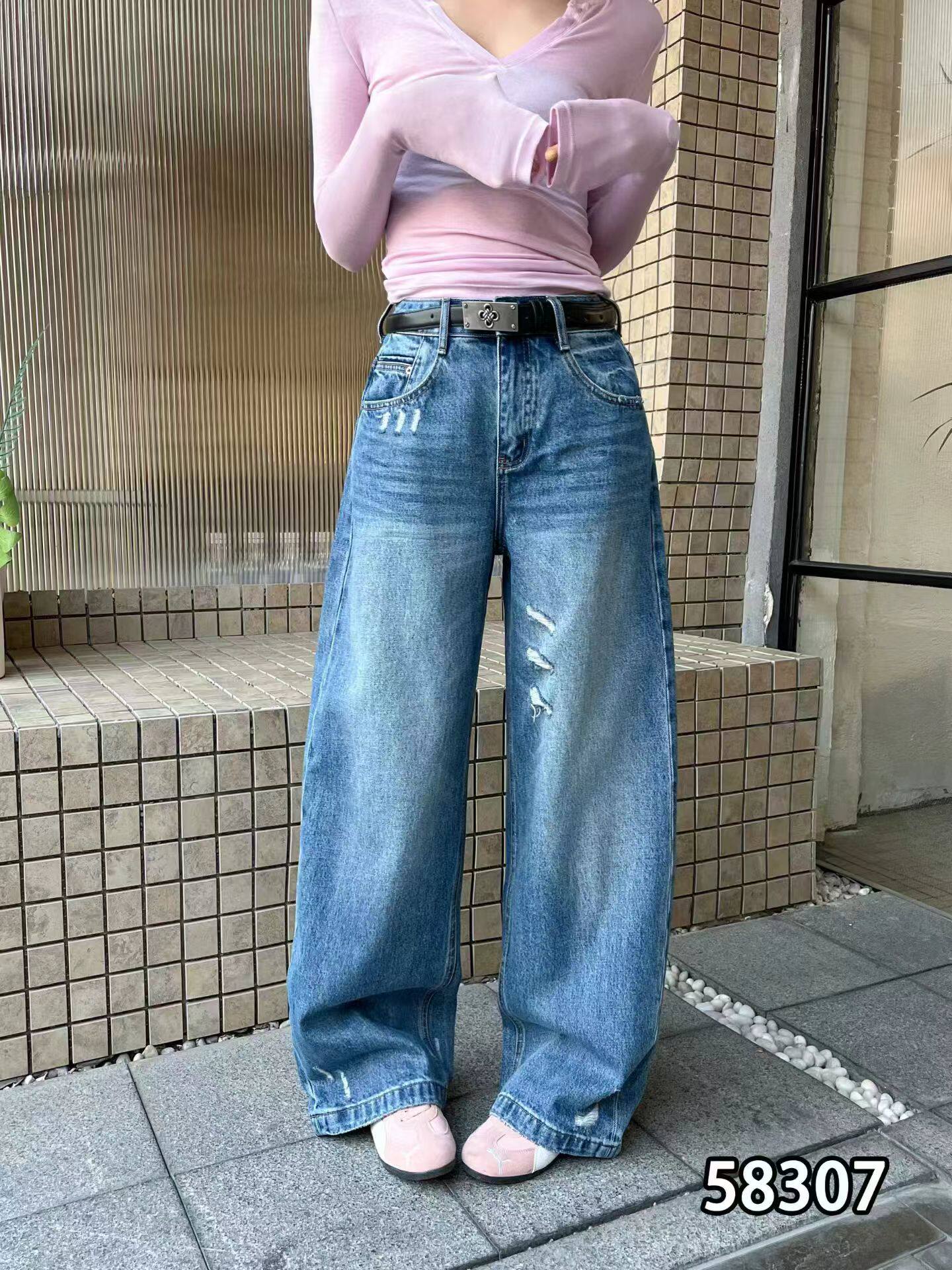 2026春款JEANS58307牛仔裤女宽松直筒弯刀裤破洞压线遮胯拖地裤