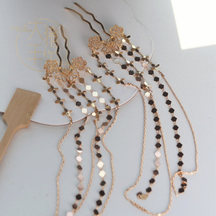 大猪手作古风重工长流苏簪子步摇发排掩鬓发钗子复古汉服头饰发饰