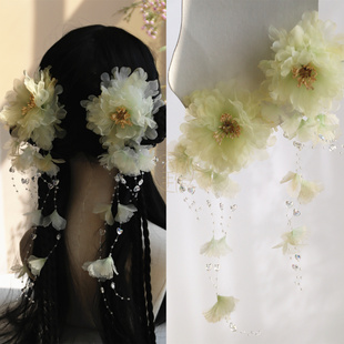黄绿色薄纱花朵烫花长流苏花瓣发夹发簪子汉服Lolita旗袍头饰发饰