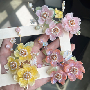 复古国风琉璃花朵花枝发夹侧边夹子簪子黄粉色汉服旗袍配饰头发饰